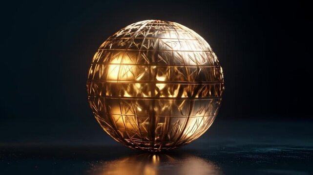 A golden sphere with a patterned design sits on a reflective surface.