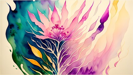 A pink blossom with purple highlights appears in this watercolor illustration.