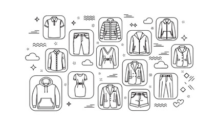 Collection Of Casual And Formal Clothing Icons In Line Art For Fashion And Apparel Styling © Speec