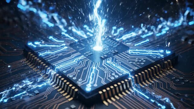 Futuristic Computer Chip with Electric Energy and Glowing Circuits for Advanced Technology Concept