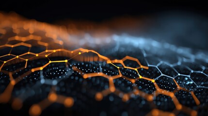 Abstract hexagonal structure emitting a glowing orange light on a dark background.