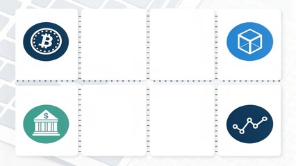 A grid of icons representing cryptocurrency, banking, and data analysis, featuring symbols like Bitcoin, a bank, and a graph.