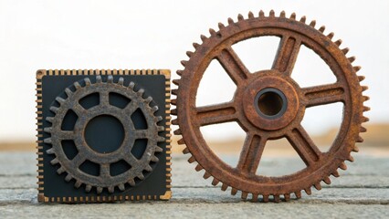 A close-up image featuring a rusty gear next to a microchip, symbolizing the intersection of mechanical engineering and technology.