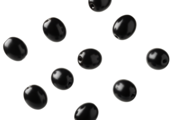 Multiple fresh, ripe black olives with glossy skins, dynamically scattered against a pure bright white background, creating a sense of movement. Concept of Mediterranean cuisine ingredients