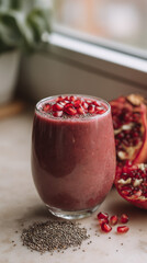Pomegranate smoothie topped with seeds in glass by window  
