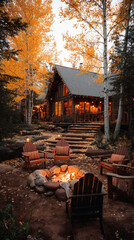Cozy cabin with fire pit surrounded by autumn trees and seating  