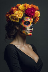 Woman with sugar skull makeup and floral headdress on dark background  