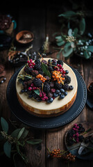 Cheesecake topped with assorted berries and fresh leaves on wooden table  