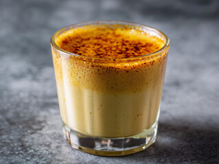 Creamy flan dessert in glass cup with caramel topping  