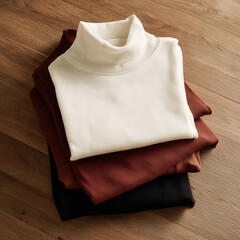 Folded turtleneck sweaters in neutral colors on wooden surface  