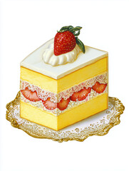 Slice of cake with strawberries and whipped cream on golden plate  