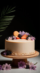 Elegant cake topped with fruit and flowers on wooden pedestal  White chocolate