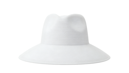 A close-up view of a pristine white sun hat, featuring a wide brim and detailed, woven texture. Isolated against a black background