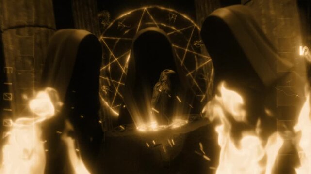 Three mysterious hooded figures wearing long robes are sat around a stone altar in a dark temple.
