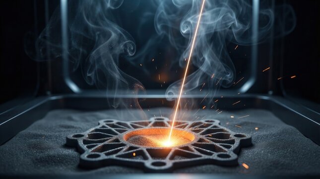  Close up of selective laser sintering process with sparks and smoke. High-tech additive manufacturing and innovative engineering concept.
