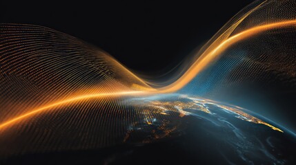 A futuristic abstract depiction of a digital landscape with flowing lines and light.