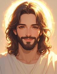 Cute Jesus Christ Close Up Portrait with Gentle Smile and Heavenly Glow