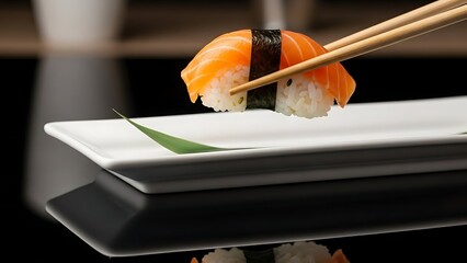 Sushi being picked up by chopsticks
