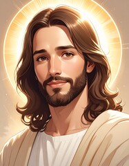 Soft Devotional Jesus Christ Face Portrait with Warm Golden Light