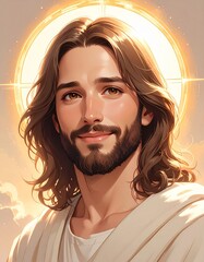 Cute Jesus Christ Close Up Portrait with Gentle Smile and Heavenly Glow