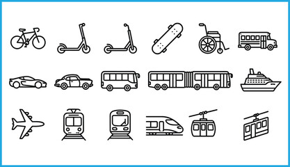 Set of 18 black line icons for transportation and mobility including scooters, buses, trains, and airplanes for vector illustration content © Roisul
