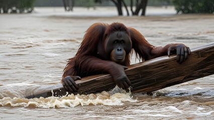An orangutan struggles to survive in floodwaters, clinging to a log for support. This image captures the resilience of wildlife facing the challenges of environmental disasters in their habitat.