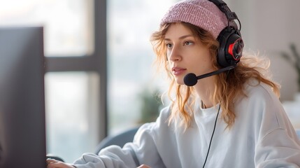 Woman wearing a pink hat and headphones is sitting in front of a computer