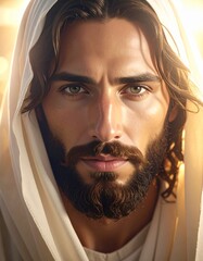 Soft Devotional Jesus Christ Face Portrait with Warm Golden Light