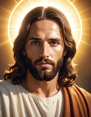 Soft Devotional Jesus Christ Face Portrait with Warm Golden Light