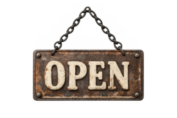 Open sign hanging on chain, a rusty vintage metal plate indicating business availability and welcoming customers