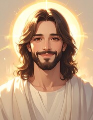 Cute Jesus Christ Close Up Portrait with Gentle Smile and Heavenly Glow