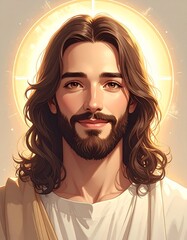 Cute Jesus Christ Close Up Portrait with Gentle Smile and Heavenly Glow