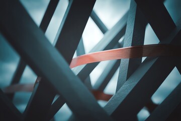 Abstract architectural design featuring interwoven elements and contrasting colors.