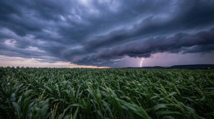 Dramatic dark clouds and heavy rain over agricultural farmland. Power of nature, thunderstorm and rural weather concept.
