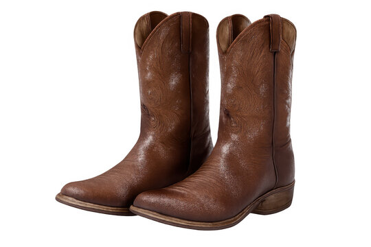 Pair of brown leather cowboy boots on a transparent background, representing western style, country fashion, and rustic footwear