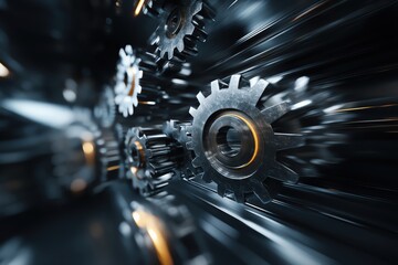Close-up of metallic gears in motion, representing machinery and industrial processes.