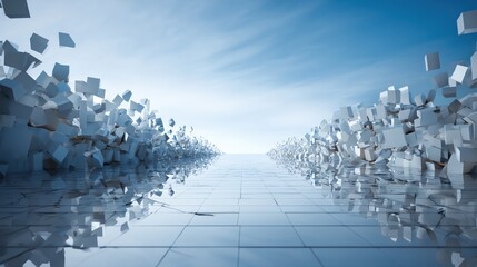 Modern abstract digital landscape with floating cubes and reflections on a shiny surface.