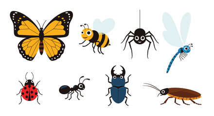 Adorable cartoon insect collection featuring a monarch butterfly, a busy bee, a friendly spider, a dragonfly, a ladybug, and other garden bugs.