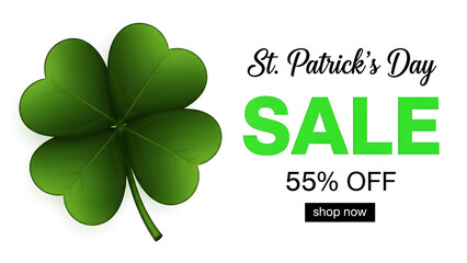 St. Patrick's Day Sale 55% Off with Four Leaf Clover and Shop Now Button on White 55 percent off
