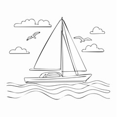 Yachts on sea waves. Seagull in the sky. Continuous line drawing. Vector illustration. Isolated on white background