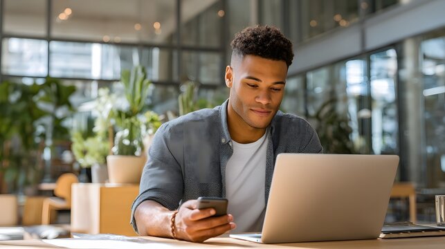 Man is sitting at a desk with a laptop and a cell phone