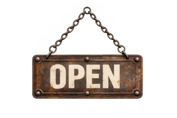 Rusty metal open sign hanging from chains, symbolizing business welcoming customers in a vintage industrial style