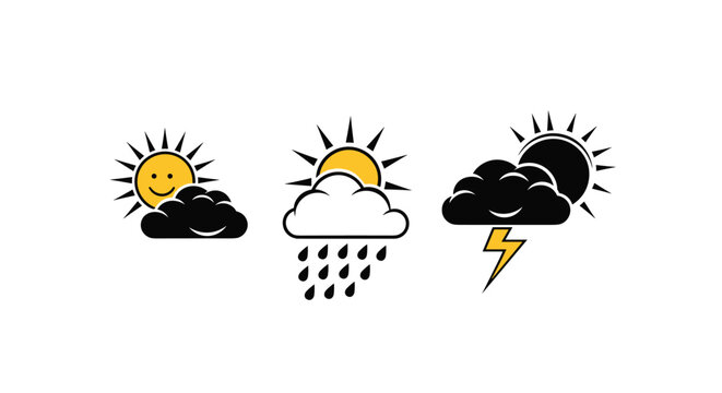 Set of three weather icons representing a sunny day with clouds, a rainy afternoon, and a powerful thunderstorm with a lightning bolt symbol.