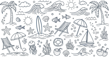 Hand drawn doodle summer beach, hand drawn summer vintage icon set, palm tree, sun and sea, seashells, coral, vector illustration set, drawing ink, vector illustration