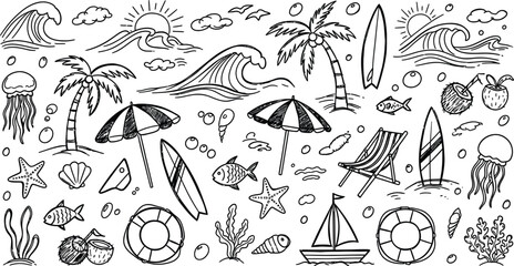 Hand drawn doodle summer beach, hand drawn summer vintage icon set, palm tree, sun and sea, seashells, coral, vector illustration set, drawing ink, vector illustration