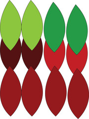 Abstract flat vector illustration of stylized leaf shapes arranged in a geometric pattern, modern minimal design with green and red colors, clean decorative background, isolated on white.