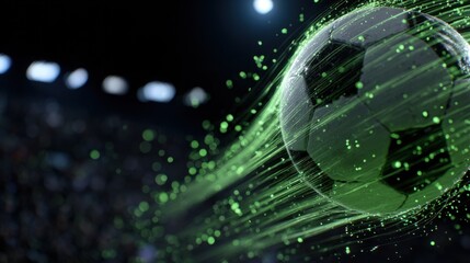 Soccer ball moves through the air with speed during a match at a large stadium in the evening
