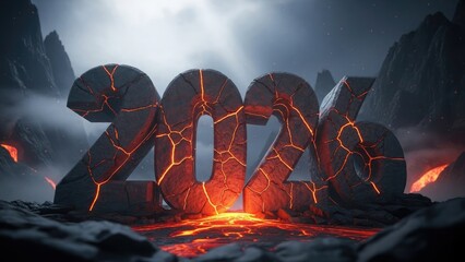 Fiery 2026 numbers erupting from volcanic landscape