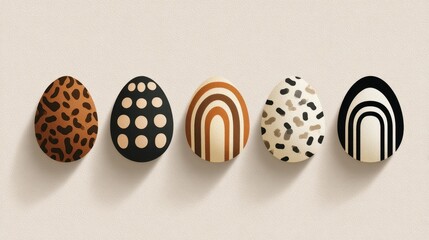 Five decorative eggs arranged in a row with various patterns and colors placed on a light background in a minimal style