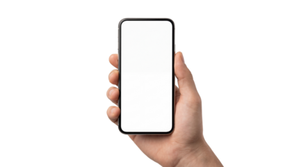 Hand holding modern black smartphone with blank white screen Mockup isolated PNG with Transparent Background